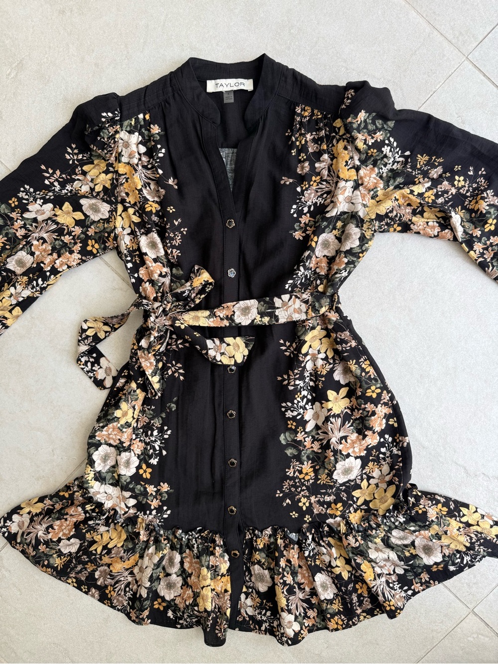 Taylor Black Floral Button-Front Dress with Tie Waist